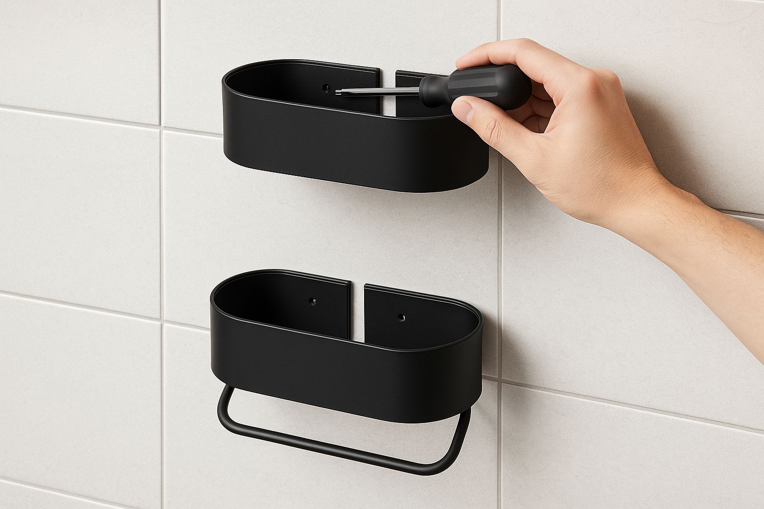 En person monterer en ny dusjhylle på en flislagt vegg med et bor og verktøy